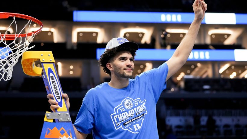 states that ban college player props. Duke's Cameron Boozer cutting down net.