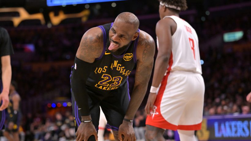 LeBron James reacts after getting fouled